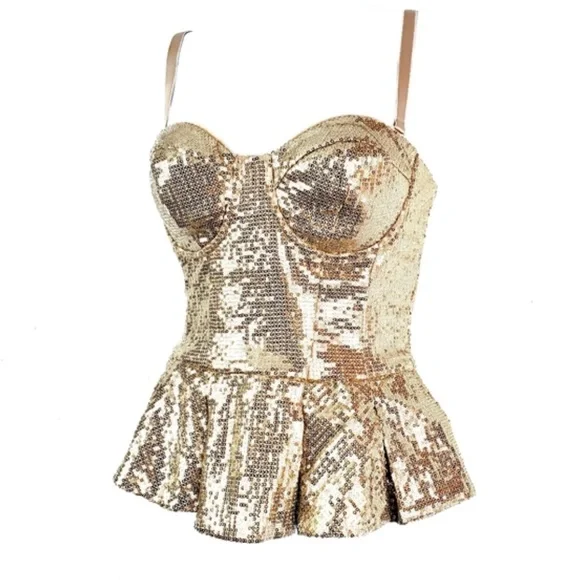 Bebe Gold Sequin Sparkly Strapless Peplum Top NWOT - Picture 3 of 15